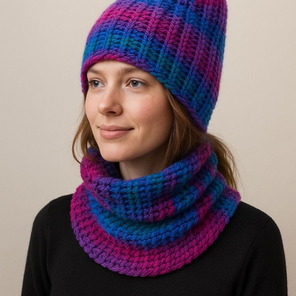 Handmade crocheted extra large hat & neck infinity warmer set